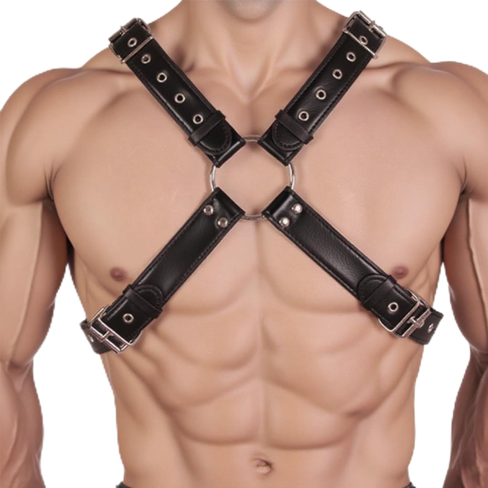 Arnés de bondage de cuero negro, diseño de cruz con anillos de metal y remaches, arnés ajustable BDSM para fetiche, gótico, punk y moda alternativa