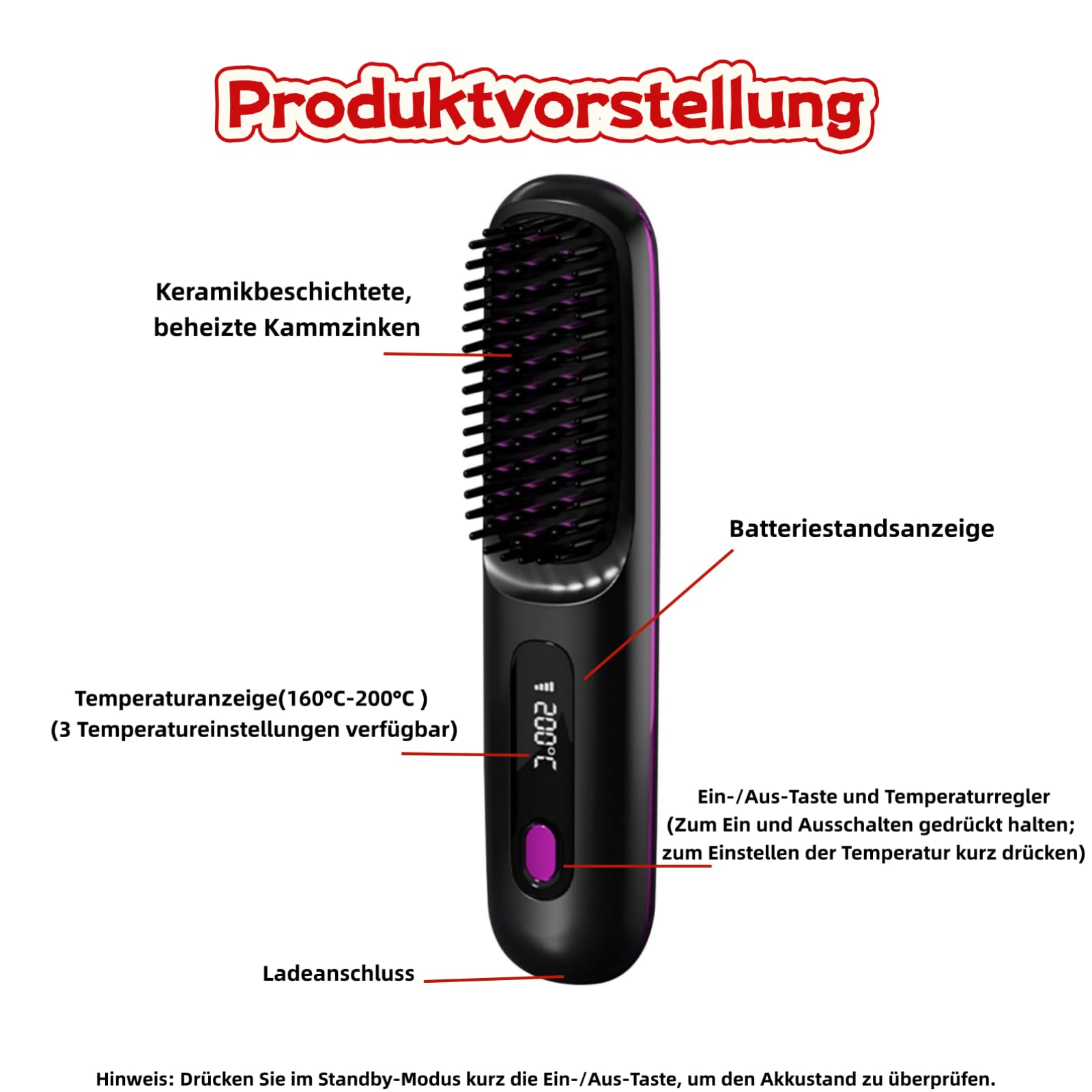 clinora Die ERSTE intelligente Syling-Bürste für kurzes Haar，Kabellose Glättbürste mit LED-Anzeige, 3 Temperaturstufen tragbare, wiederaufladbare Bürste Für Glätten und Locken