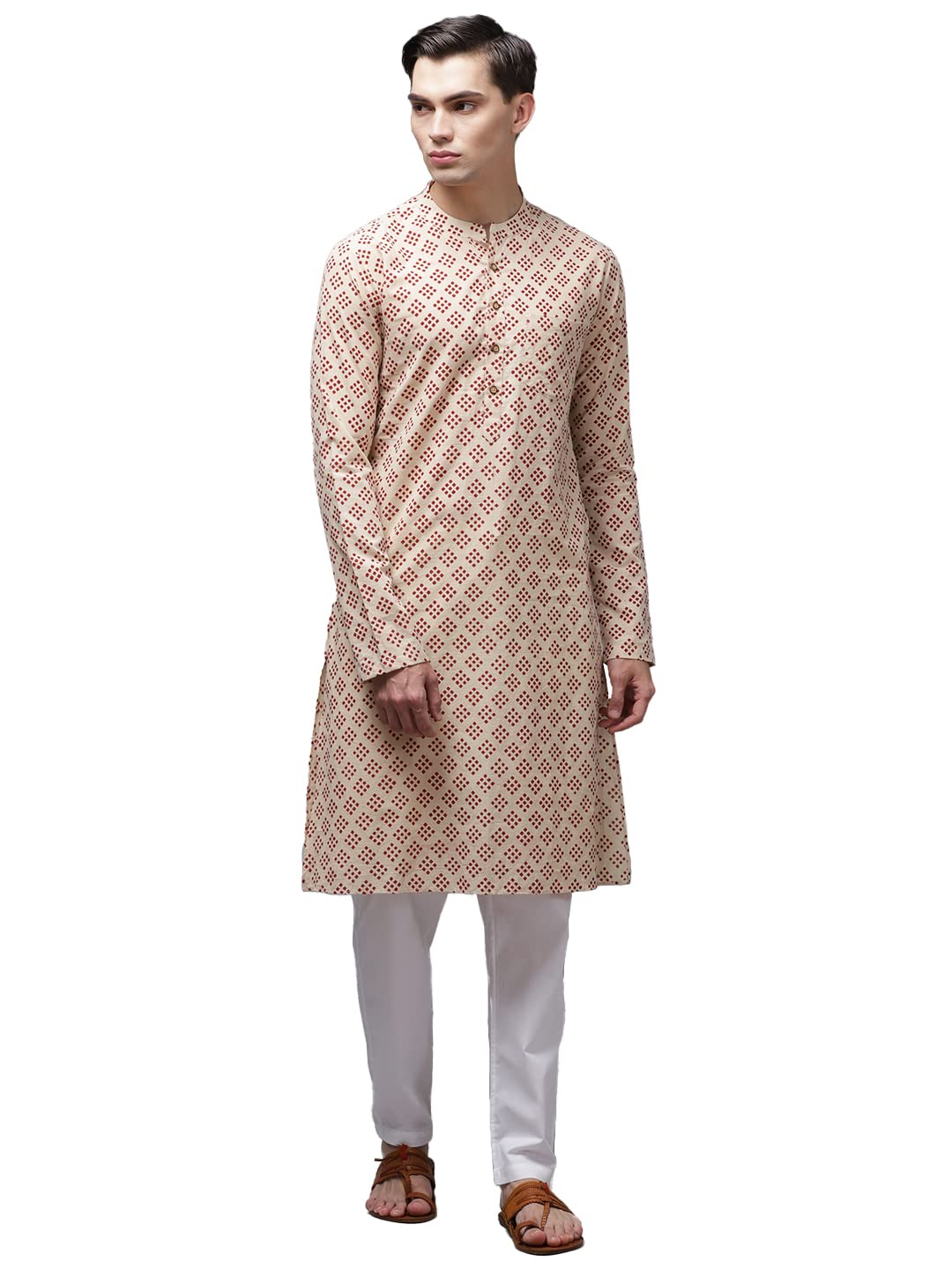 See Designs Men Beige And Maroon Hand Block Print Sustainable Straight With Kurta Pyjama - Sdkt96401S (S)