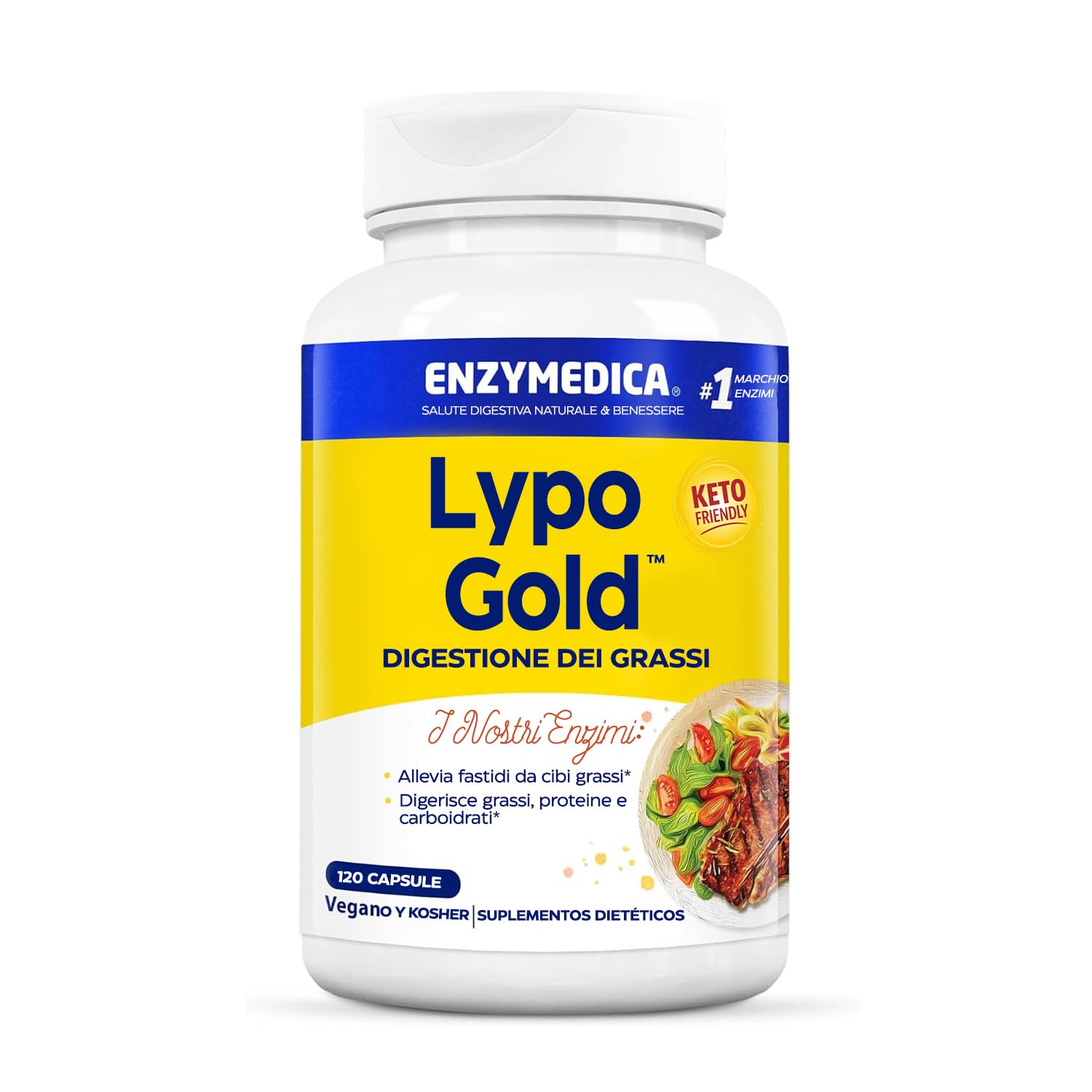Enzymedica, Lypo Gold, Integratore Alimentare con Enzimi Digestivi per Irregolarità e Gonfiore Addominale, per Dieta Keto, Gluten Free, Senza Lattosio, Vegano, 120 Capsule