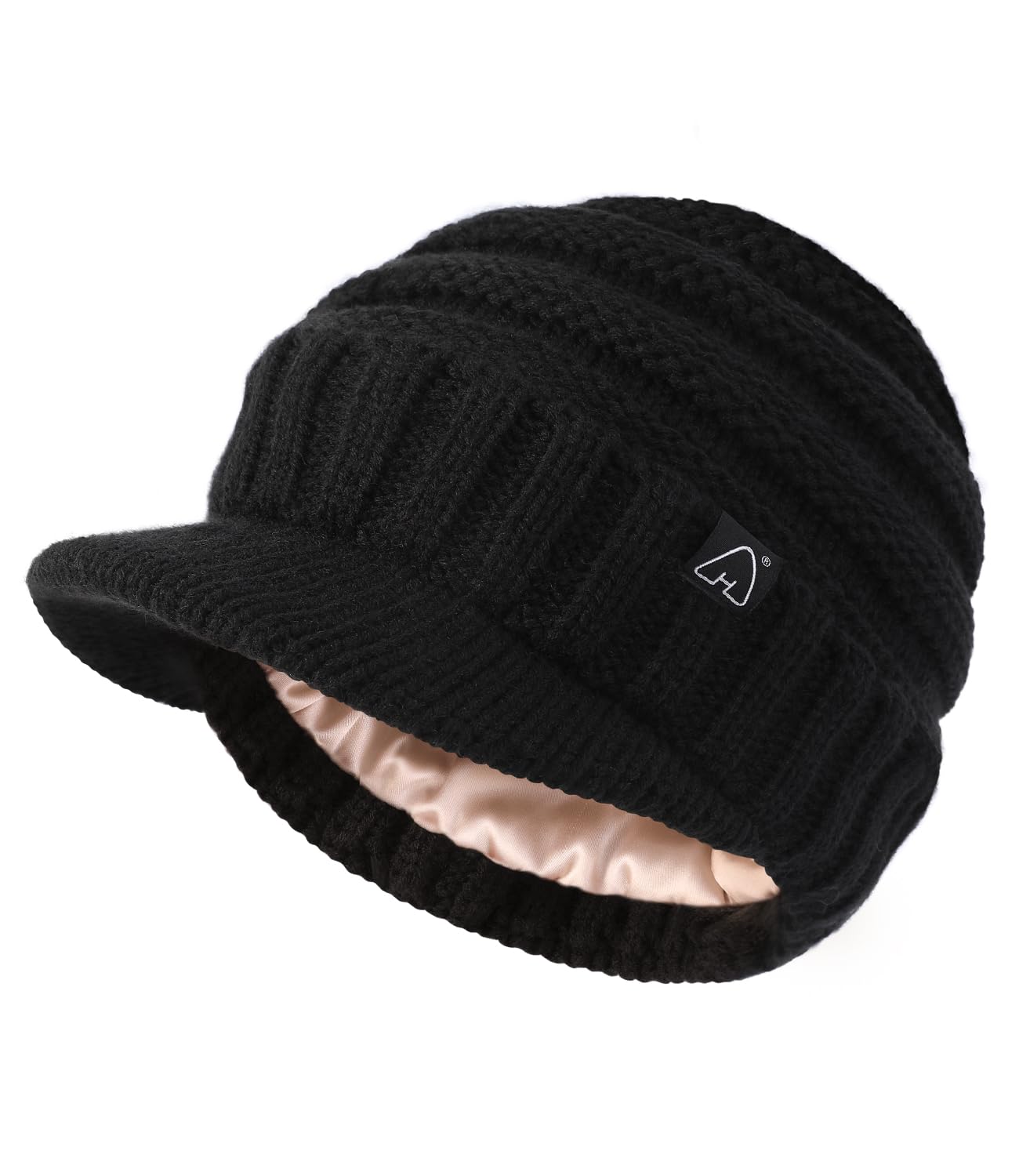 Hat Hut Unisex Black Beanie Hats For Women Men Satin Lined Winter Hats For Women Slouchy Beanies Satin Lined Beanie With Brim Visor (Black)