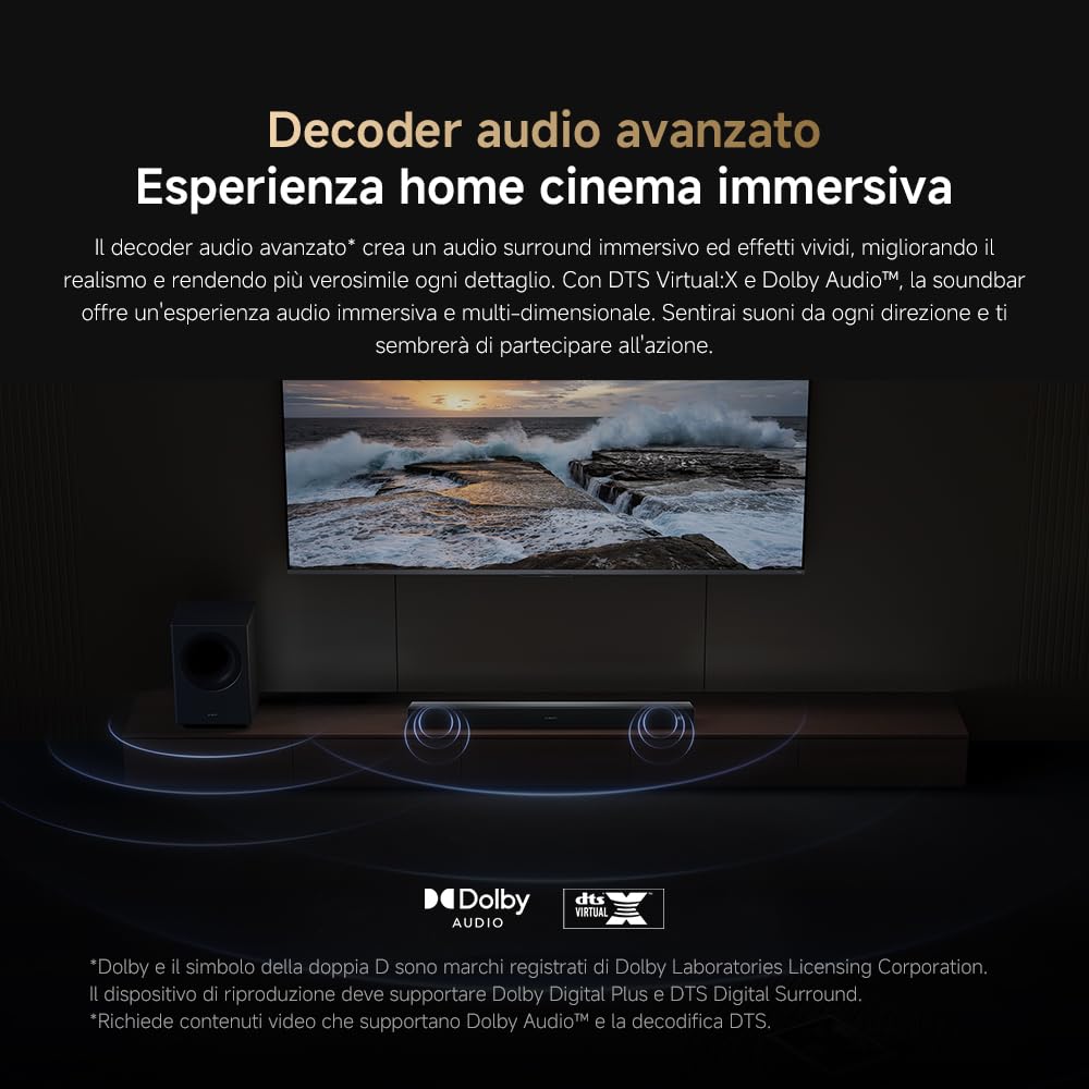 XIAOMI Soundbar Pro 2.1ch, Soundbar TV Max 300W con bassi potenti e subwoofer wireless esterno, supporta Dolby Audio™ e DTS Virtual:X, HDMI ARC/ottico/coassiale/Bluetooth, telecomando