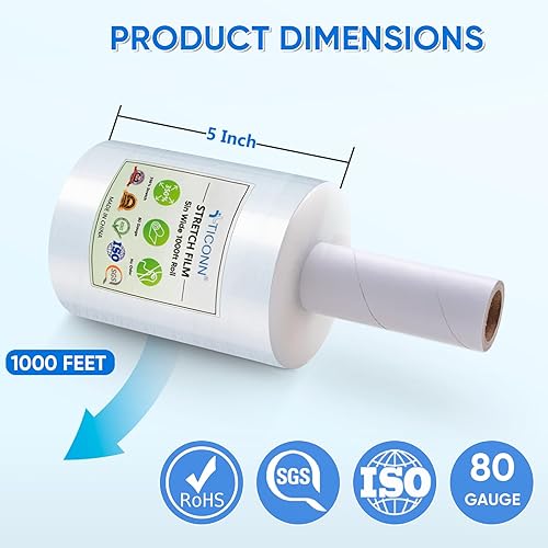 Miniatura 4 de TICONN Rollo de Película Elástica de Envoltura, 1000 pies, resistencia industrial, 5 pulgadas de ancho, envoltura de plástico transparente con asas