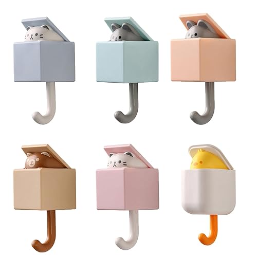RELABTABY Creative Adhesive Coat Hook,6 Pcs Cute Pet Hooks for Coat, Scarf, Hat, Towel,Key,Bag, Utility Cat Hook for Wall Hanging Decorations(All 6 colors) - 6 Pieces