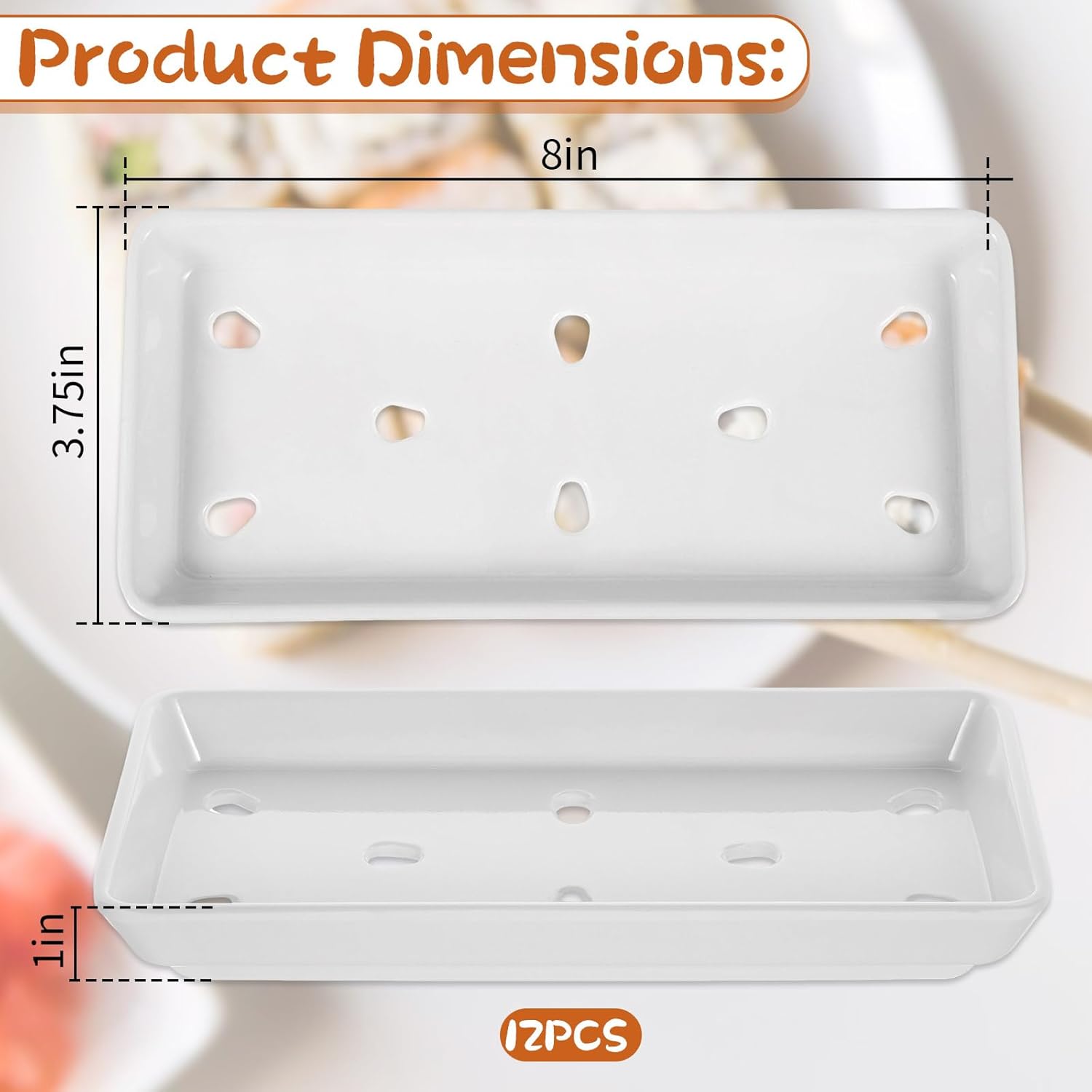 12 Pack Sushi Plates with Drip Holes Melamine Drain Sashimi Plate 8" x 3.75" Japanese Cuisine Chef Display Serving Tray for Sushi Case Raw Food Preparation Storage Restaurant Supply (White)