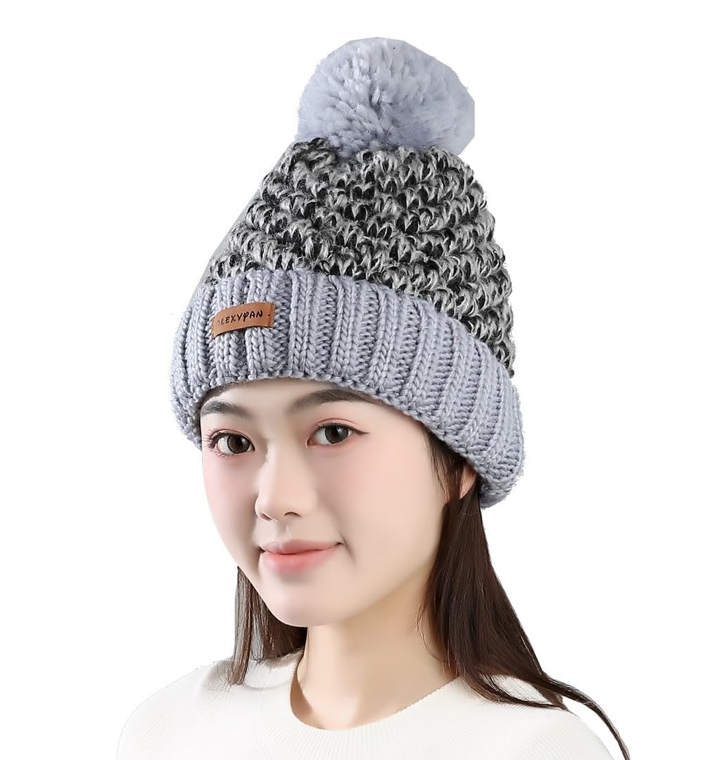 Black Grey Winter Warm Snow Proof -20 Degree Knitted Ball Cap (Inside Fur) Woolen Beanie Cap for Ladies Women Girl-image-40