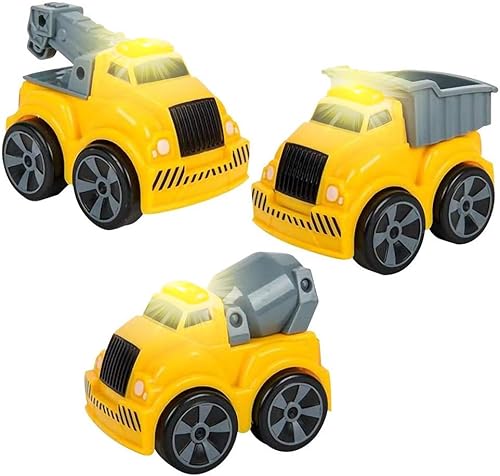 ArtCreativity Juego de vehículos de construcción de 3.5 pulgadas con luces y sonido, juego de 3, incluye mini camión volquete, camión de remolque y