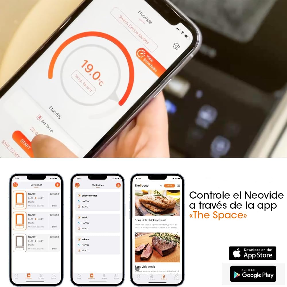 The Space Máquina para Cocinar al Vacío sin Bolsas | Neovide NSV100 Sella, Cocina Sous Vide y Marina todo en 1 con App de Control y Sonda Incorporada | Capacidad 3L, 46,7x26,3x20,8cm, 650W | Con sonda integrada, sabor preservado, forma y textura, ideal pa