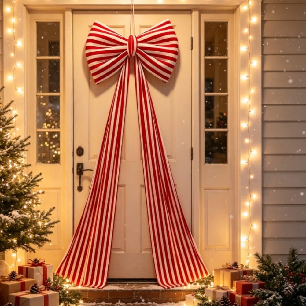 Adorno de árbol de Navidad con lazo rojo a cuadros, tela de 40 x 110 cm (80