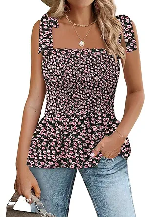Micoson Ruffle Tank Tops for Women Summer Square Neck Sleeveless Tops Tie Shoulder Chiffon Blouse Babydoll Shirts