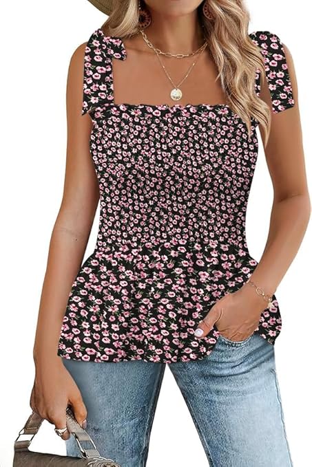 Micoson Ruffle Tank Tops for Women Summer Square Neck Sleeveless Tops Tie Shoulder Chiffon Blouse Babydoll Shirts
