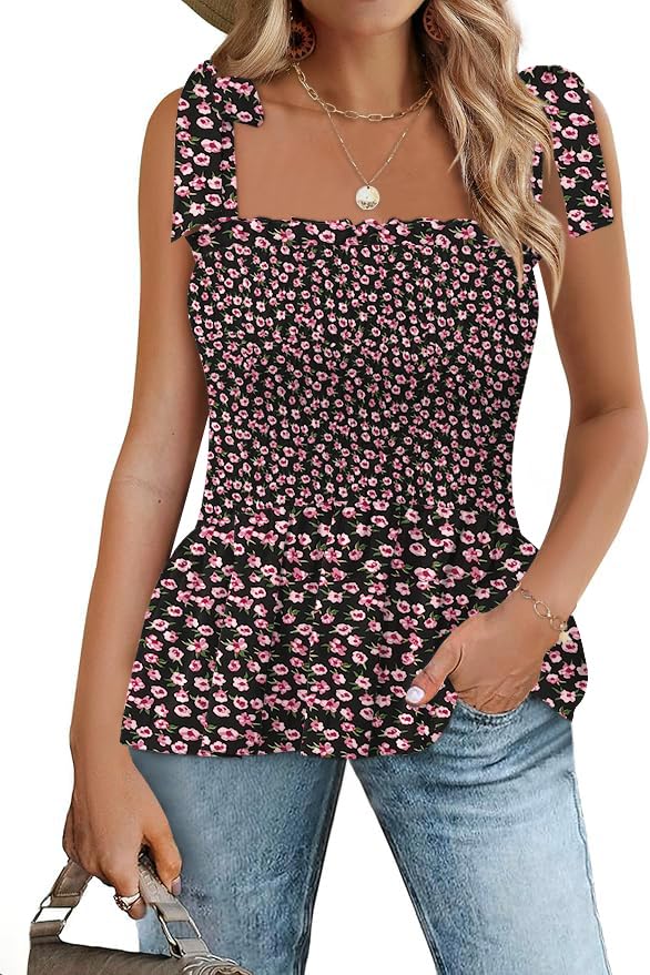 Micoson Ruffle Tank Tops for Women Summer Square Neck Sleeveless Tops Tie Shoulder Chiffon Blouse Babydoll Shirts