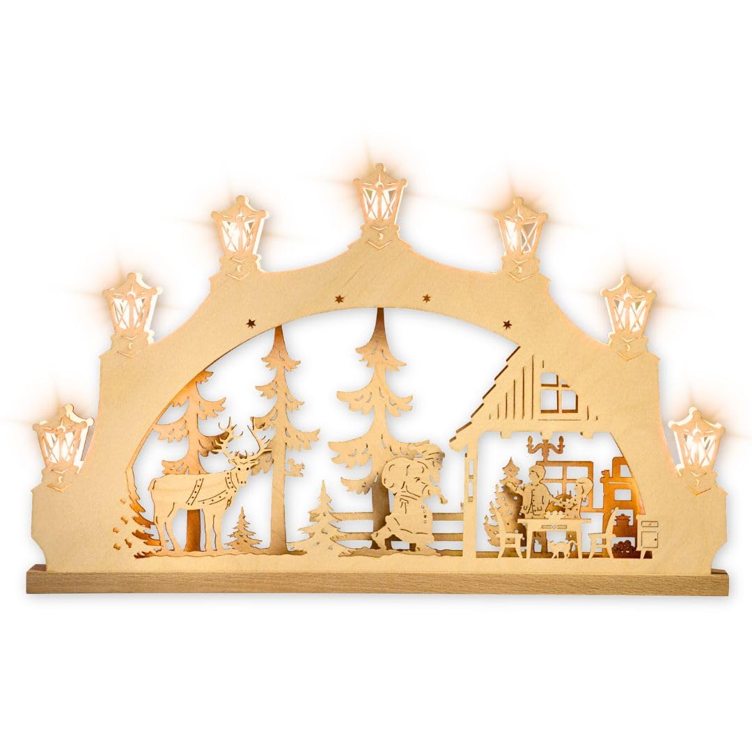 weigla - Schwibbogen original Erzgebirge I LED Lichterbogen Weihnachten I Motiv Weihnachtsabend I 7 Lampenkerzen + 1 Ersatzlampe I 7 x 34 V, 0,2 W, E10 I beleuchtete Weihnachtsdeko