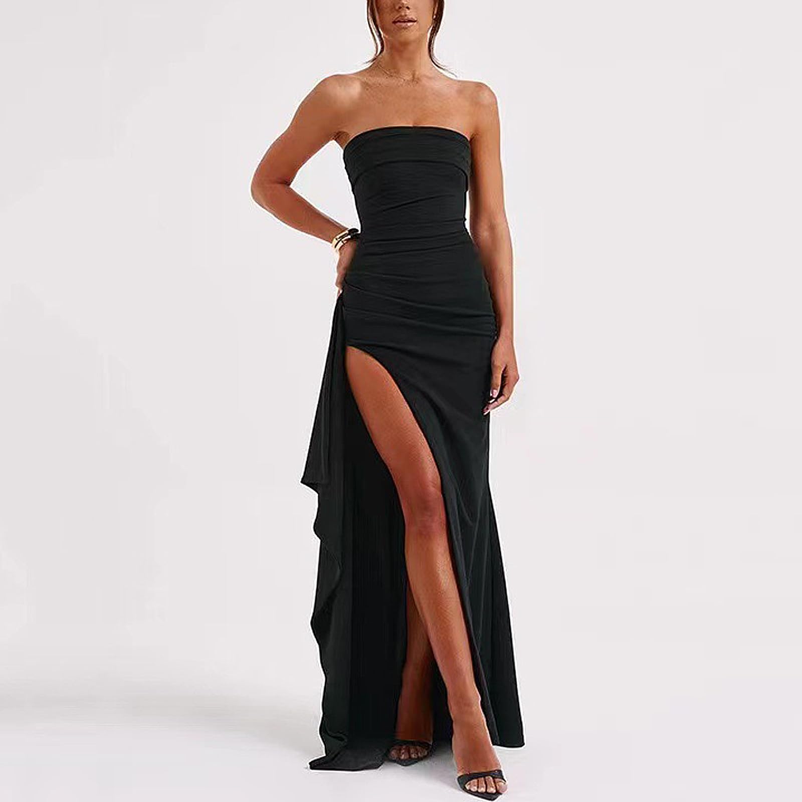 Robe Longue Femme Sexy Maxi Robe Fendue sans Manches Epaules Dénudées Élégante Robes de Soirée Moulante Slim Bodycon pour Fête Club Bal Nuit Cocktail Party