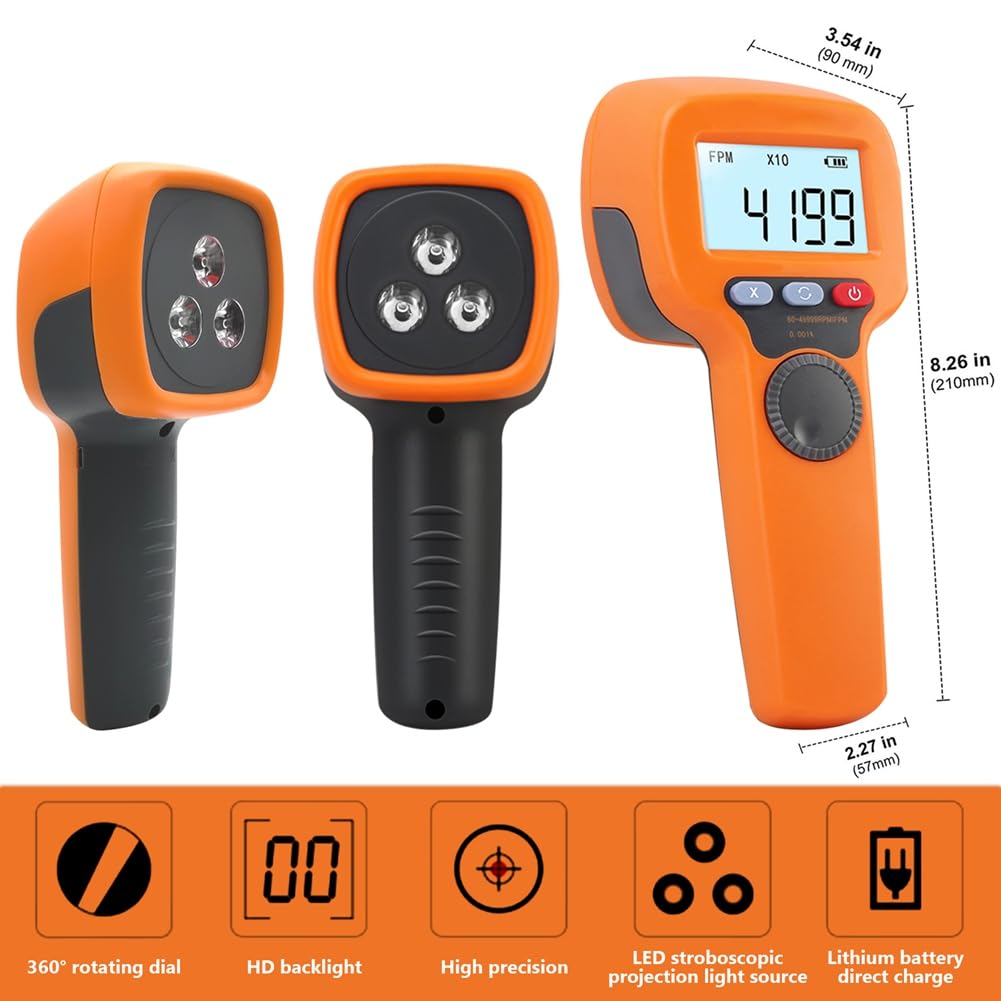 Estroboscopio Digital de Mano Que Mide Entre 60 y 49 999 RPM, Tacómetro Estroboscópico Sin Contacto, Tacómetro de Alta Precisión del 0,001%