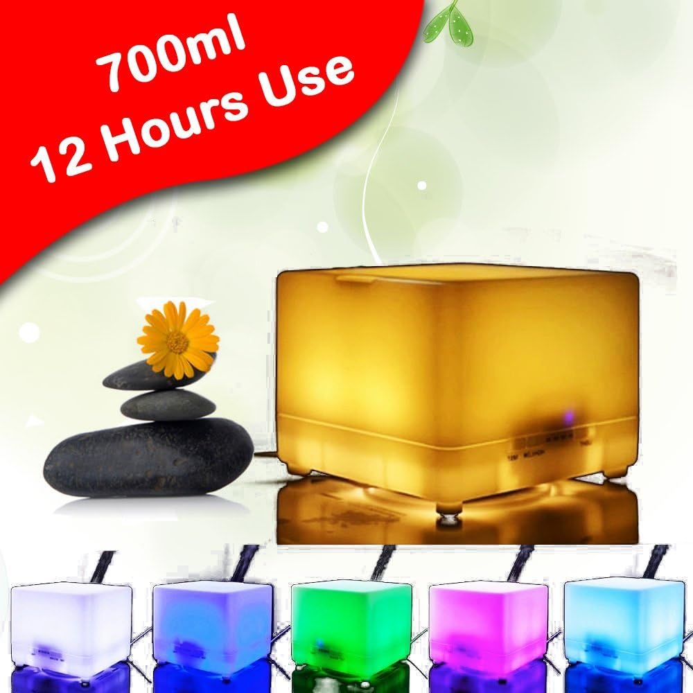 ★700ml★ Aromatherapy Essential Oil Diffuser Cool Mist Ultrasonic Air Humidifier Air Purifier 4 Timer Settings 7 LED Colors 12 Hours Continuous Mist Mode Running, AUTO Shut off, up to 60sqm coverage
