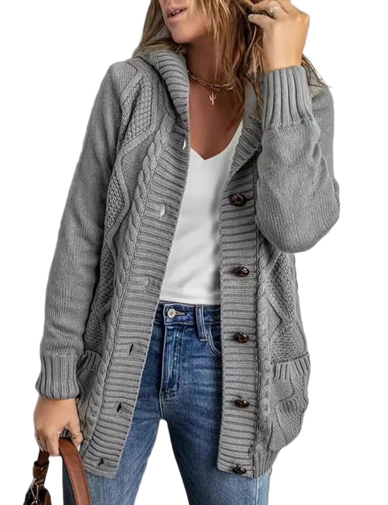 Kinghua Womens Cable Knit Cardigan Sweaters Fall Winter Hooded Button Down Sweater Coat Knitted Jackets