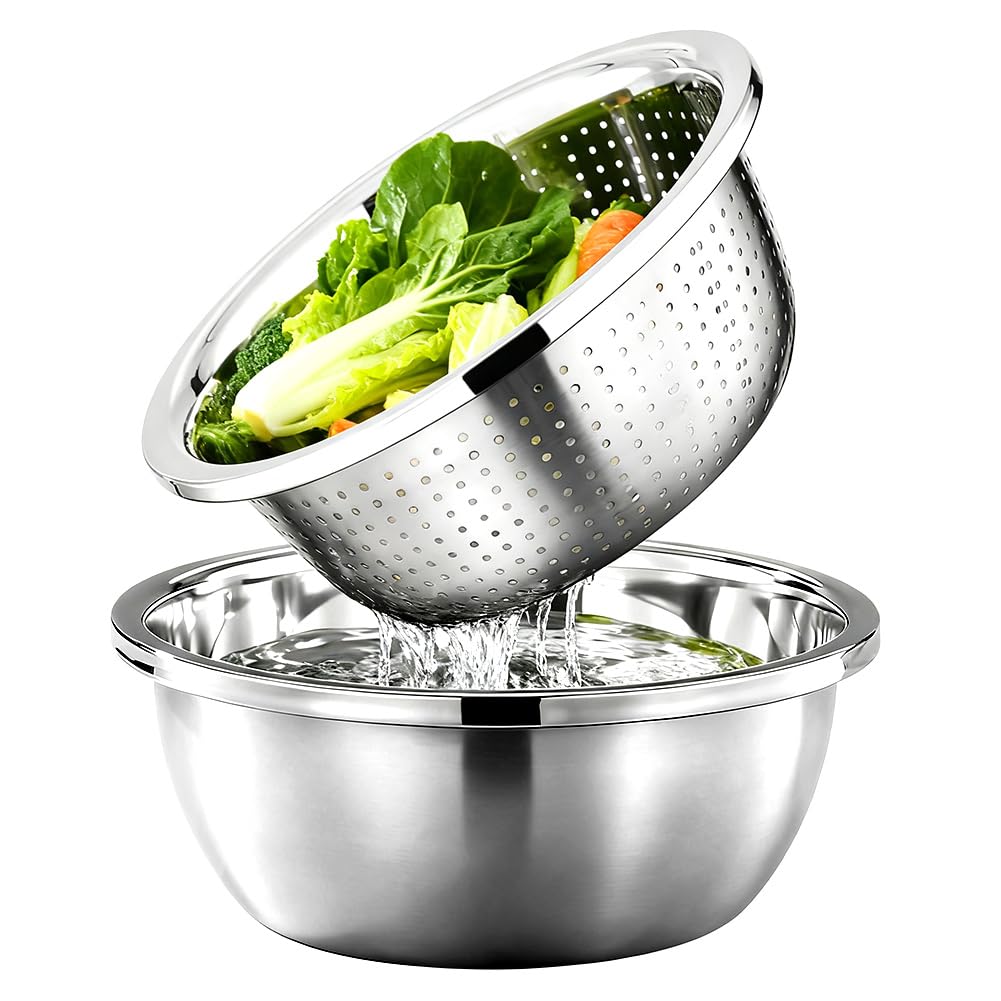 CEWROM Set di 2 scolapasta in acciaio inox e ciotole, 22 cm, scolapasta impilabile con ciotola, colino per cibo da cucina per lavare pasta, frutta, verdura, resistente e lavastoviglie