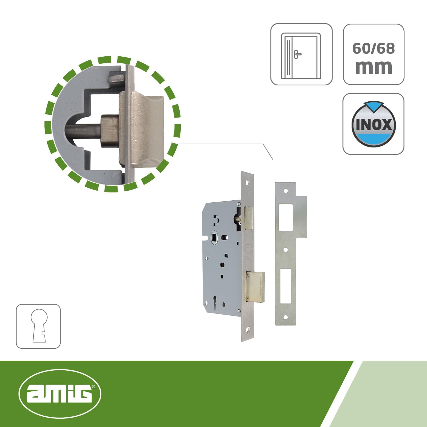 Amig - Serratura da infilare | Ingresso 60/68 mm | Serratura per Porte in Legno | Con la chiave Gorja sul bordo quadrato | Chiave vuota | Acciaio inossidabile opaco