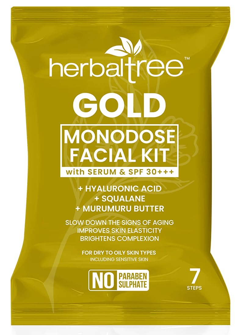 Herbaltree 24K Gold Monodose Facial kit For Anti-Ageing, Gold Radiance & Instant Glow for Women & Men (44 gm)