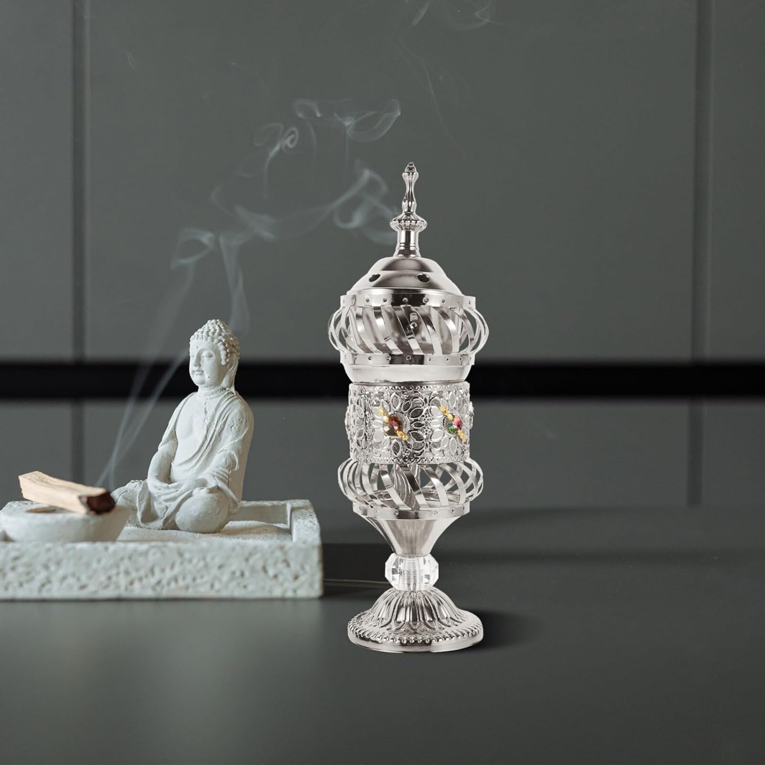 RCFINE Electric Incense Burner Bakhoor Metal Incense Burner Middle Eastern Style Arabic Incense Burner for Aromatherapy Yoga Spa Home Tabletop Decoration (Silver)