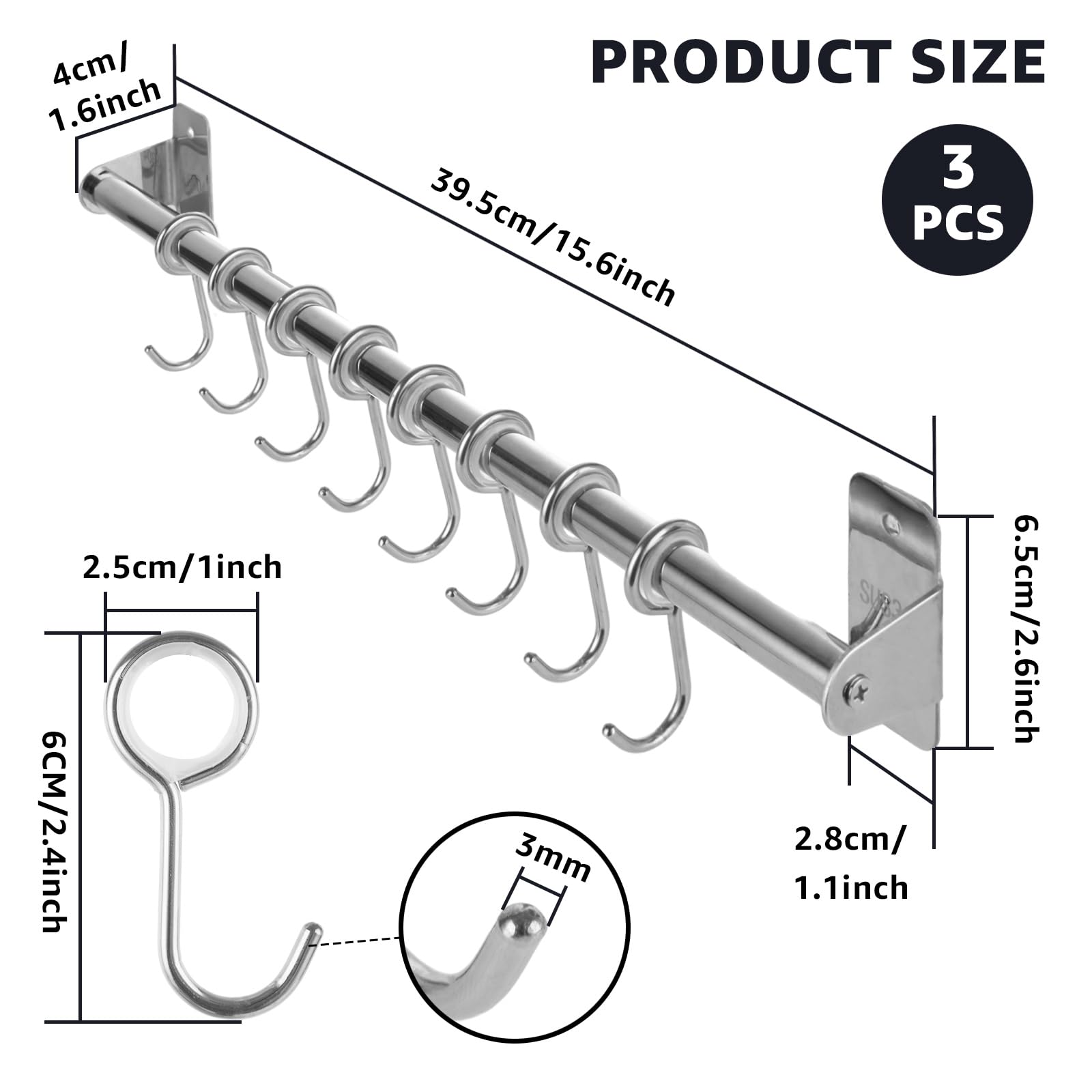 WOPPLXY 3PCS Utensil Rack with Hooks - 40cm Stainless Steel Kitchen Hanging Rail - 8 Hooks Wall Mounted Utensil Hanger Movable for Kitchen, Bathroom Storage Organise - Image 2