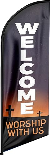 Miniatura 1 de FSFLAG Bandera de bienvenida adoración con nosotros Publicidad Swooper, bandera de 8 pies de bienvenida, adoración con nosotros, bandera de plumas