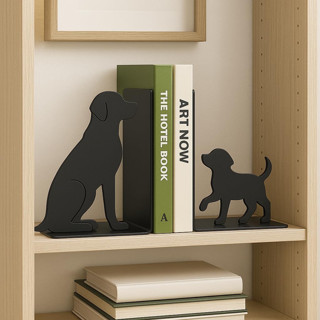 Dog Bookends, Black Metal Book Ends for Shelves, Sitting & Walking Dog Silhouette Set, Heavy-Duty 0.08" Thick Steel Book Holder for Home Office, Decorative Gift for Dog Lovers