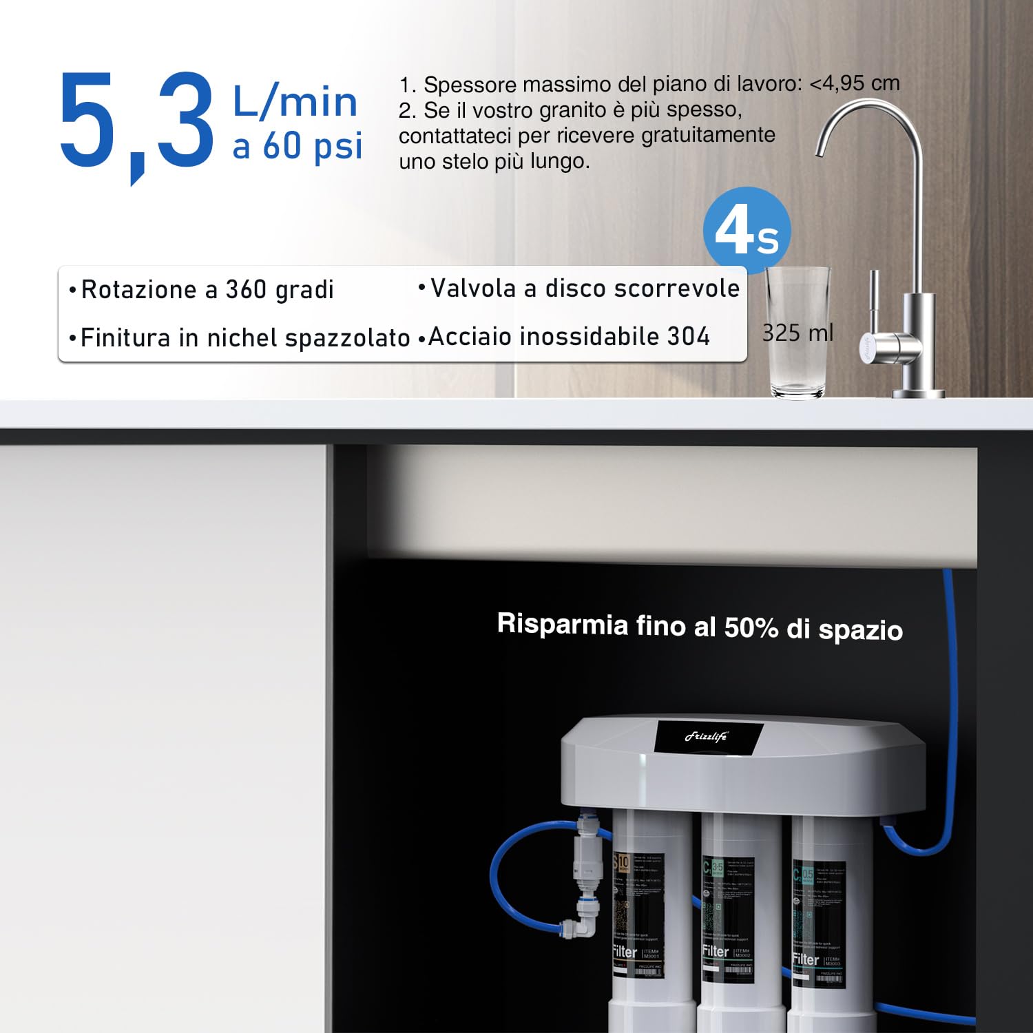 Frizzlife SP99-NEW, sistema di filtrazione dell'acqua sottolavello con rubinetto in nichel spazzolato, certificato 0,5 micron a 3 stadi, rimuove il 99,99% di piombo, cloro, cloramina, fluoro, Scale