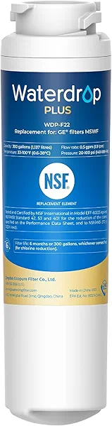 Waterdrop Plus MSWF Refrigerator Water Filter, and lead, Replacement for GE® MSWF, 101820A, 101821B, RWF1500A, 1 Pack (Package May Vary)