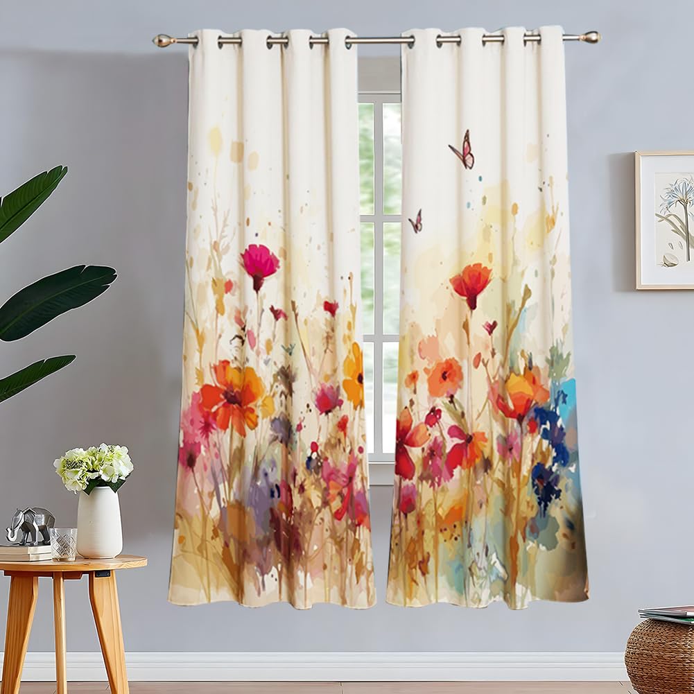 ZBOOM Blumen Vorhänge, Bunt Aquarell Blume mit Ösen Gardinen mit Blickdichte Thermo Vorhang Kälteschutz Blackout Curtain Mädchenzimmer Verdunkelung Fenster, 2 Stück, H 210 x B 132 cm