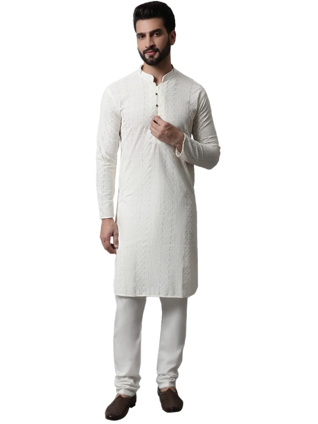 Jompers Men Cream Embroidered Pure Cotton Kurta With Pyjamas (Cream, Xxl)