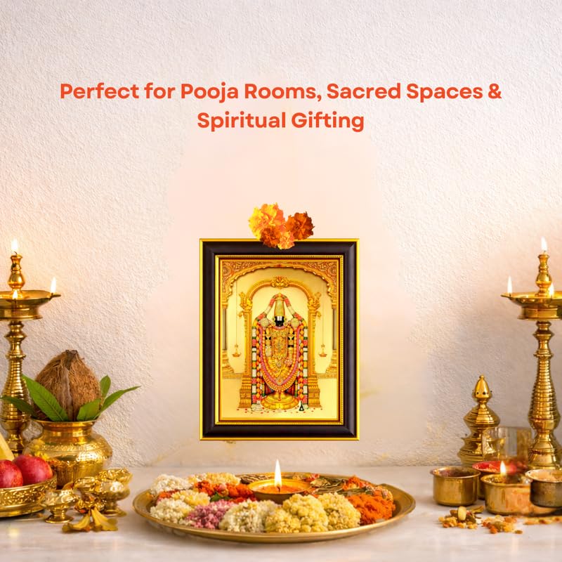 Image of Paramporul Gallery Tirupati Balaji Perumal Srinivasa Gold Foil Photo Frame for Pooja Room, Hindu God Wall Decor, Ready to Hang, 10x14 Inch