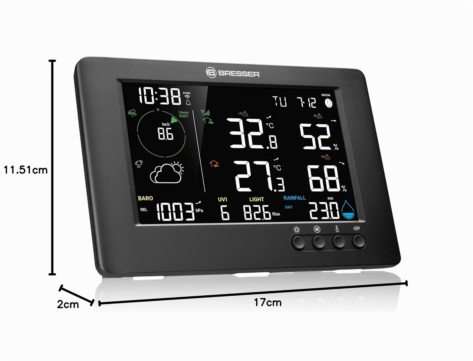 Bresser Stazione meteo Wi-Fi 7 in 1 TB: dati estesi, previsione grafica, multi-sensore, monitoraggio climatico interno, funzione allarme | Temperatura interna ed esterna, umidità, pluviometro, anemometro, previsioni meteo, app, UV e intensità luminosa