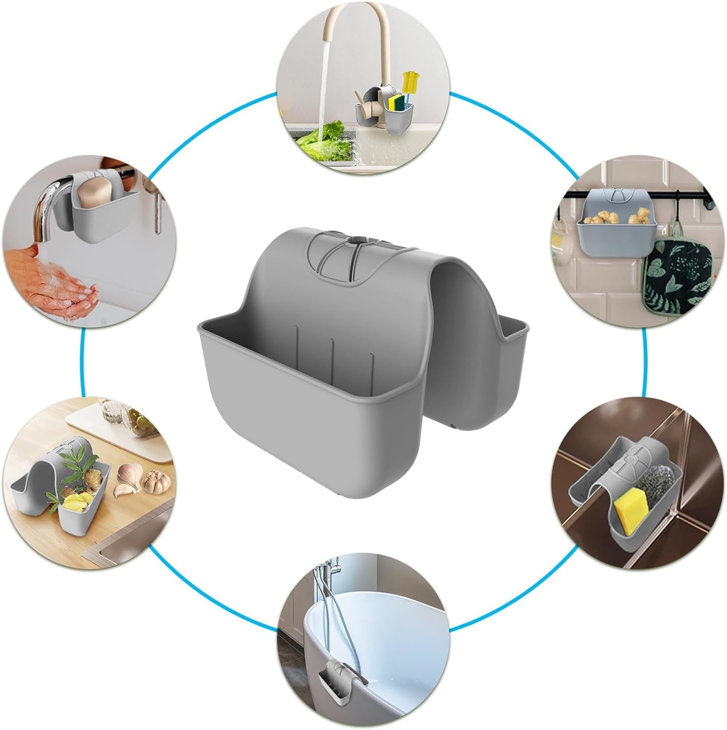 Panier d'évier en silicone – Organiseur de cuisine pour éponges et brosses à vaisselle – Support de robinet de salle de bain (gris)