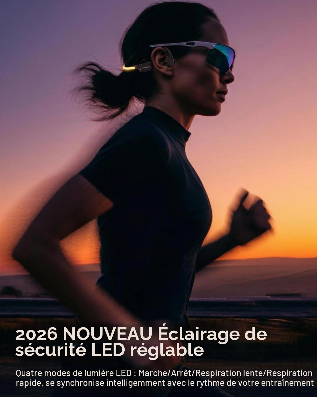 Casque à Conduction Osseuse Bluetooth 6.0 avec Lampe LED de Sécurité, Design Ouvert Oreilles Libres, Microphone Anti-Vent, IPX7 Étanche, 10H d'Autonomie, Casque Sport pour Course et Fitness