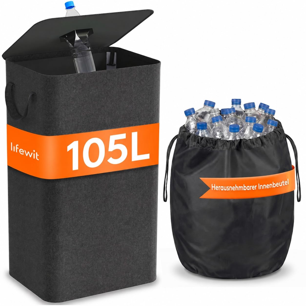 Lifewit 105L Pfandflaschen Sammelbehälter mit Deckel, Dunkelgrau