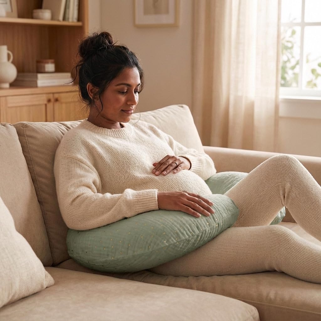 Babysom - Coussin de Maternité 3 en 1 : Grossesse, Allaitement & Repos Bébé - Housse en Double Gaze de Coton Premium - Déhoussable et Lavable - Microfibres Silencieuses - Design Élégant Vert - XXL