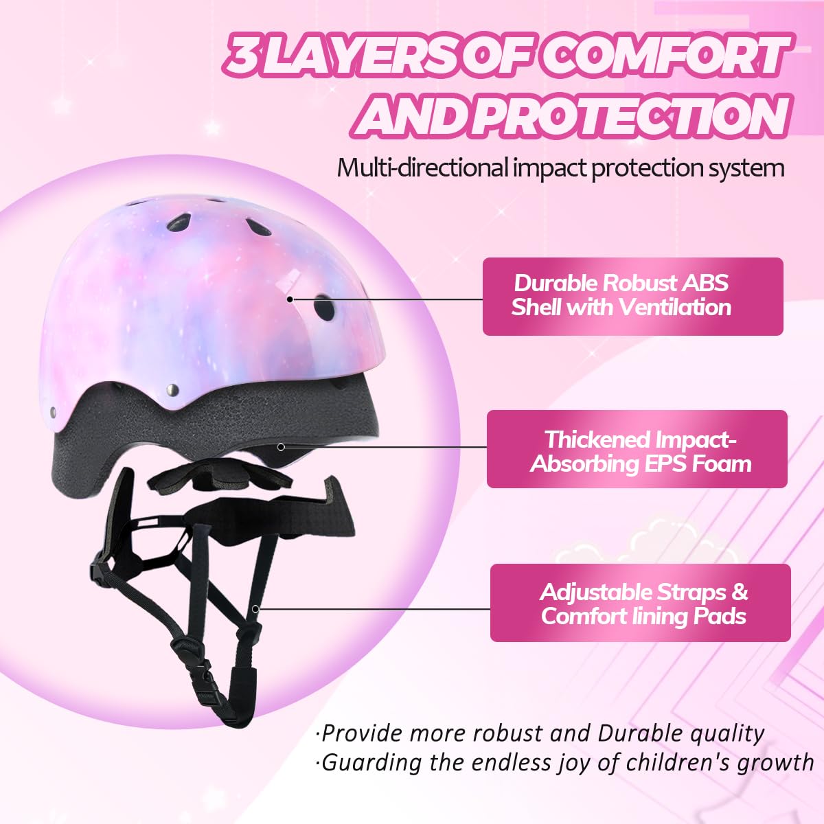 Casco de bicicleta para niños y jóvenes, con certificado CPSC, cascos de protección ajustables de color rosa estrellado para múltiples deportes, ciclismo, patinaje, patinaje (talla M) 4