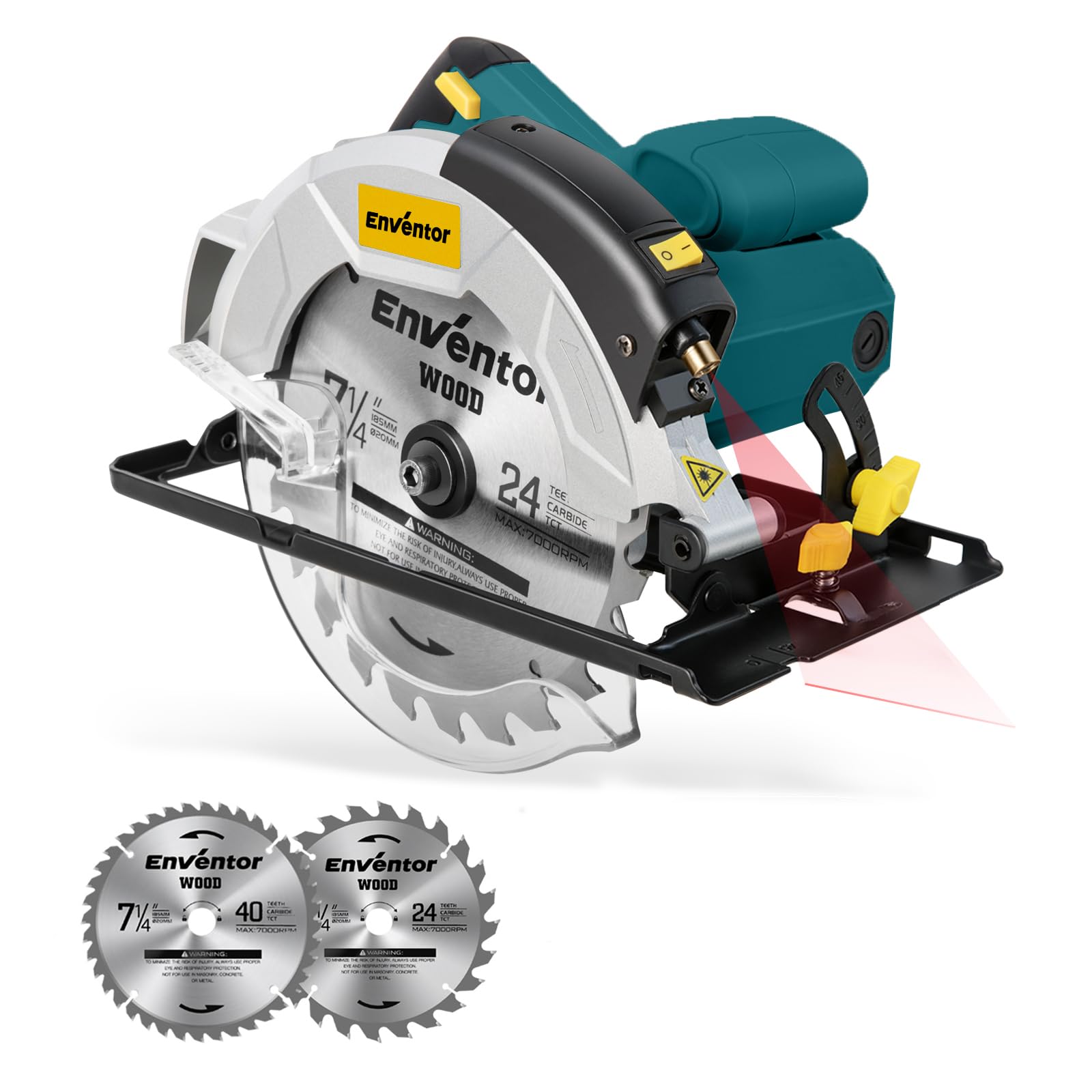 Enventor 7-1/4-Inch Circular Saw, 10A Pure Copper Motor Electric Circular Saws with Laser Guide, 2 Blade Saws (40T/24T), Adjust Cutting Angle from 0° to 90°, Single Handed Bevel, 5800RPM, Blue
