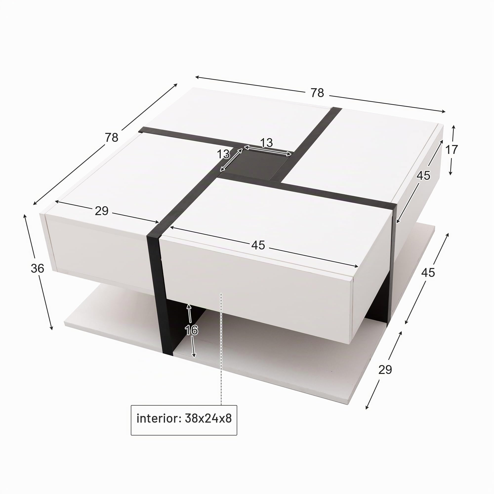 Azkoeesy Moderna mesa de centro brillante con 4 cajones para salón, 78 x 78 x 36 cm, con espacio de almacenamiento inferior, diseño de líneas (blanco)