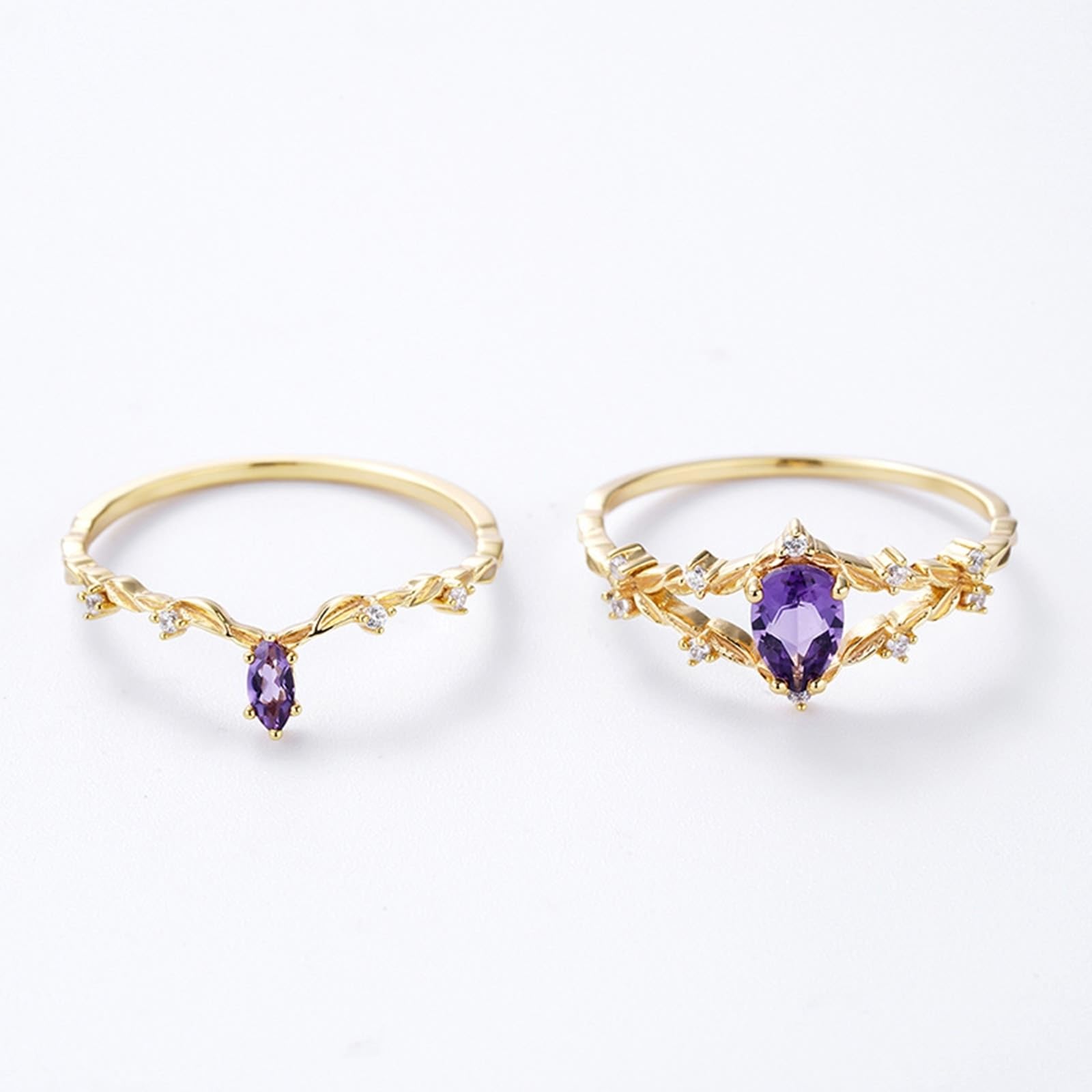 Gold 9K/14K/18K Echt Gold SchmuckSolitärring mit Tropfen Lila Amethyst, 2Pcs Set Klassiker Eheringe Au 375/585/750 Gelbgold Moissanit Gr.47-65