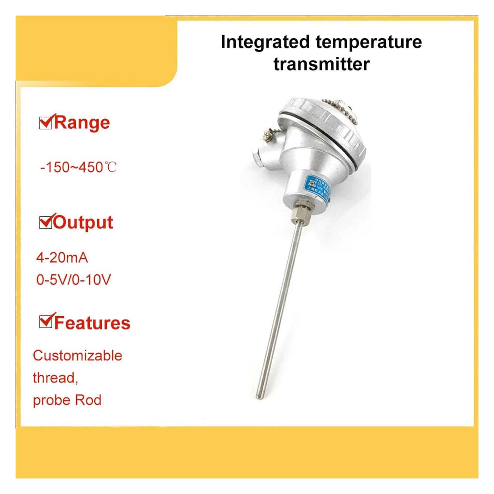 temperaturfühler Wärmewiderstand pt100 Temperatursensor Temperatursensor integrierter Temperatursender 4-20mA-Modul(Probe 50mm)