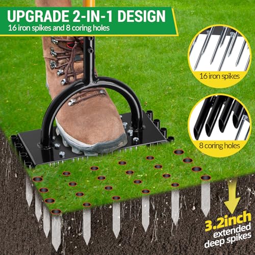 Lawn Aerator, 2-in-1 Manual Metal Core Aerators Lawn Tool with 16 Iron Spikes, 8 Coring, Garden Grass Plug Spikes Aerating Coring Tools for Yard Lawn Soil Care, Revives Lawn Health - Image 3
