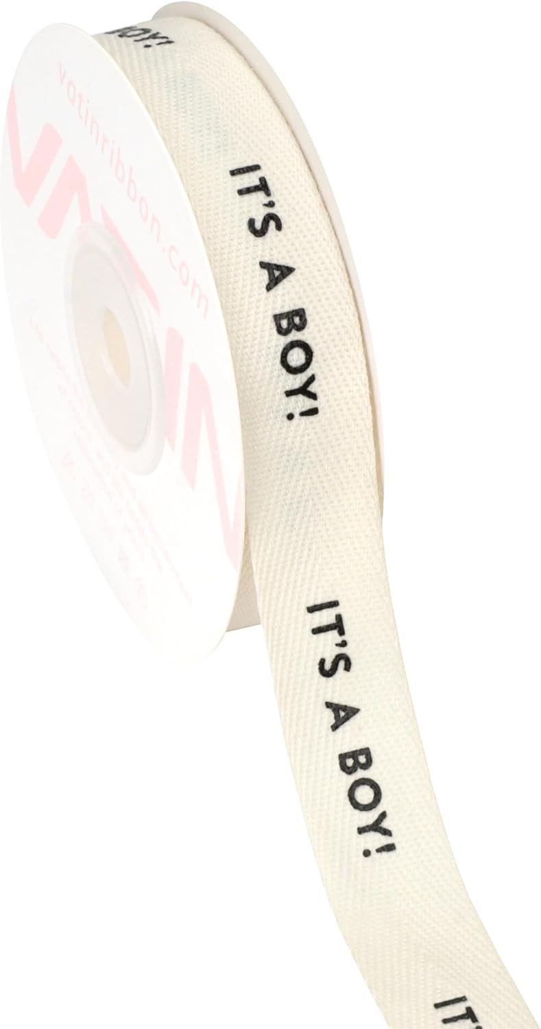 VATIN It’s A BOY! Herringbone Cotton Twill Tape Ribbon, 5/8″ x12 Yd Natural 100% Cotton for Baby Shower Gifts, Bows & Home Decor
