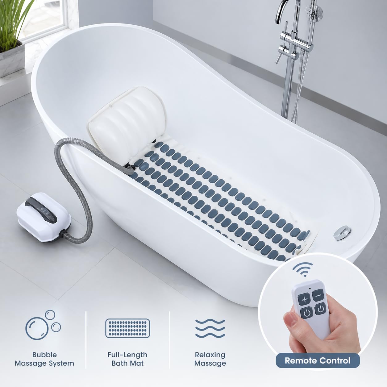 Tappetino da massaggio per vasca da bagno - 6 regolazioni, tappetino da bagno per massaggio a casa, tappetino da spa impermeabile antiscivolo con cuscino gonfiabile e telecomando, potente pompa ad
