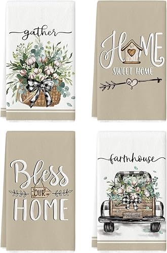 Artoid Mode Juego de 4 toallas de cocina con diseño de eucalipto y flores, 18 x 26 pulgadas, decoración de granja, juego de 4 toallas de mano