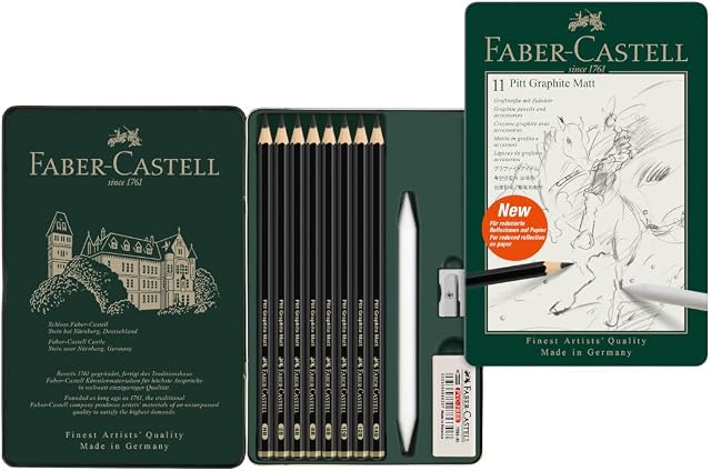 Faber-Castell Pitt Graphite Ensemble de crayons mats, en métal 8 Graphite Crayons et accessoires de croquis (HB, 2B, 4B, 6B, 8B, 10B, 12B, 14B), Aiguisseur, effacement et mélange de crayons