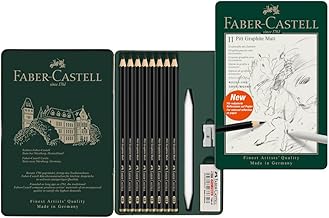 Faber-Castell Pitt Graphite Matte Pencil Set, Metal Tin of 8 Graphite Pencils and Sketching Accessories (HB, 2B, 4B, 6B, 8B, 10B, 12B, 14B), Pencil Sharpener, Eraser and Blending Stump