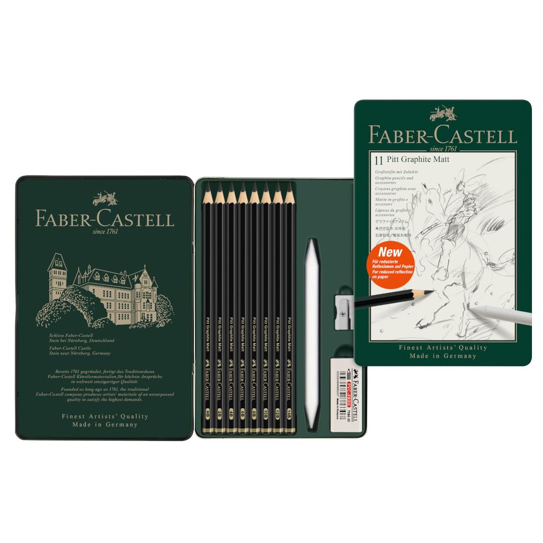 em Faber-Castell Pitt Graphite Matte Pencil Set, Metal Tin of 8 Graphite Pencils and Sketching Accessories (HB, 2B, 4B, 6B, 8B, 10B, 12B, 14B)